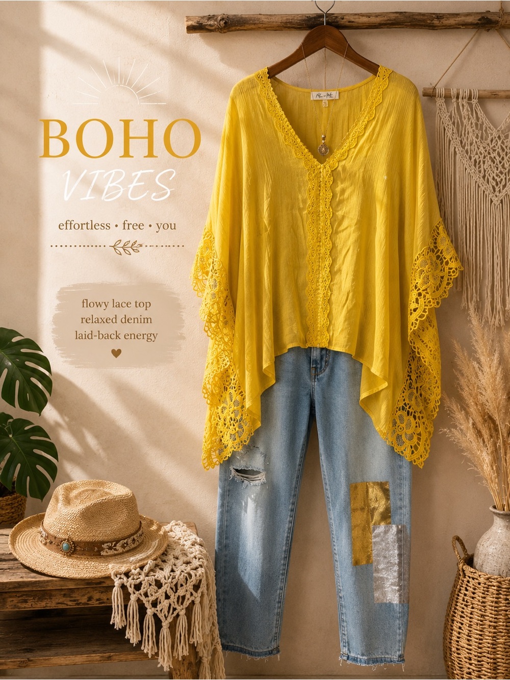 Boho Lace-Trim Yellow Flow Top - Women's Tunic